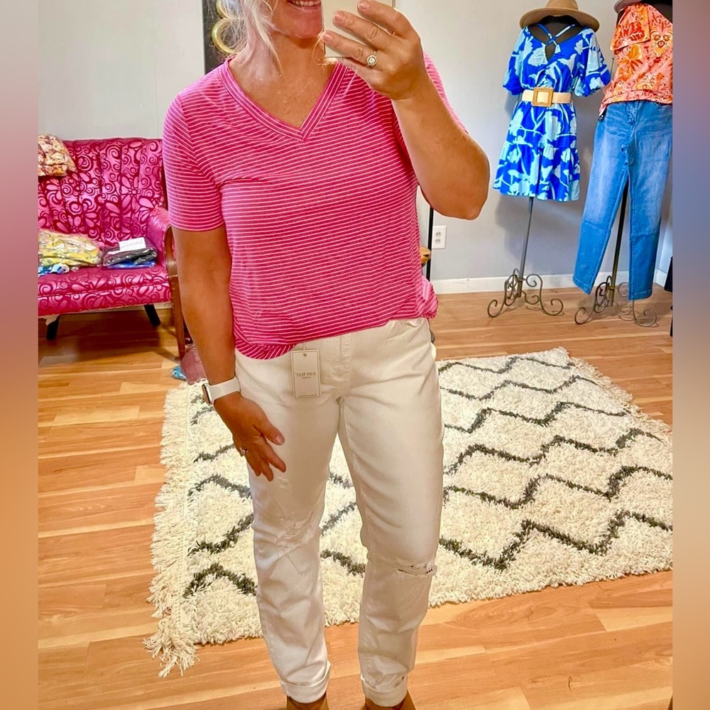 LIKE NEW Pink & White Striped Zenana V-Neck Light Weight T-Shirt